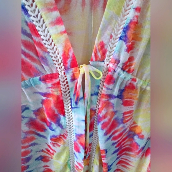 Miken Swim Tie Dye Lace Trim Tie Front Coverup Kimono - Picture 7 of 12